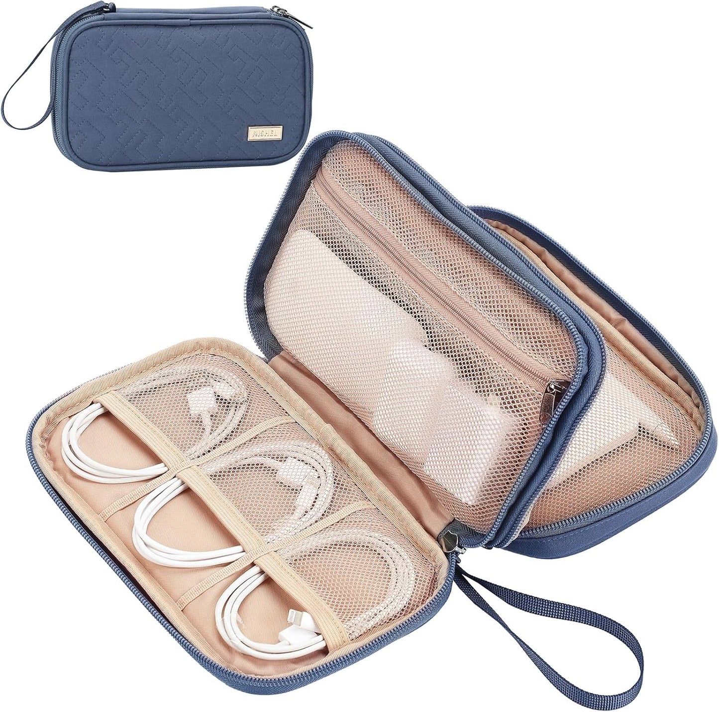 NISHEL Travel Cord Organizer Case, Double Layers Tech Electronic Bag, Essentials for Charger, Cable, Phone, Flash drive, Medium, Pink