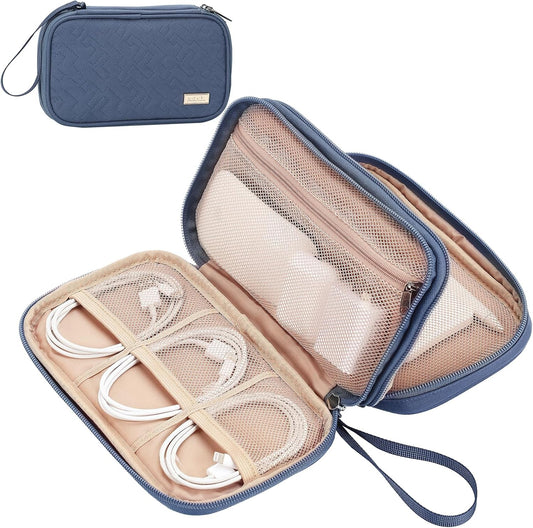 NISHEL Travel Cord Organizer Case, Double Layers Tech Electronic Bag, Essentials for Charger, Cable, Phone, Flash drive, Medium, Pink