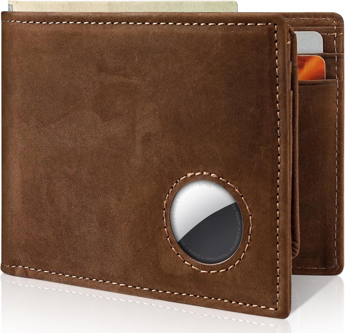 Mens Wallet With AirTag Holder, Bifold Leather RFID Blocking 1-2 ID Windows 12-13 Card Holders, Gift Box and Screen Protector Included, AirTag Not Included