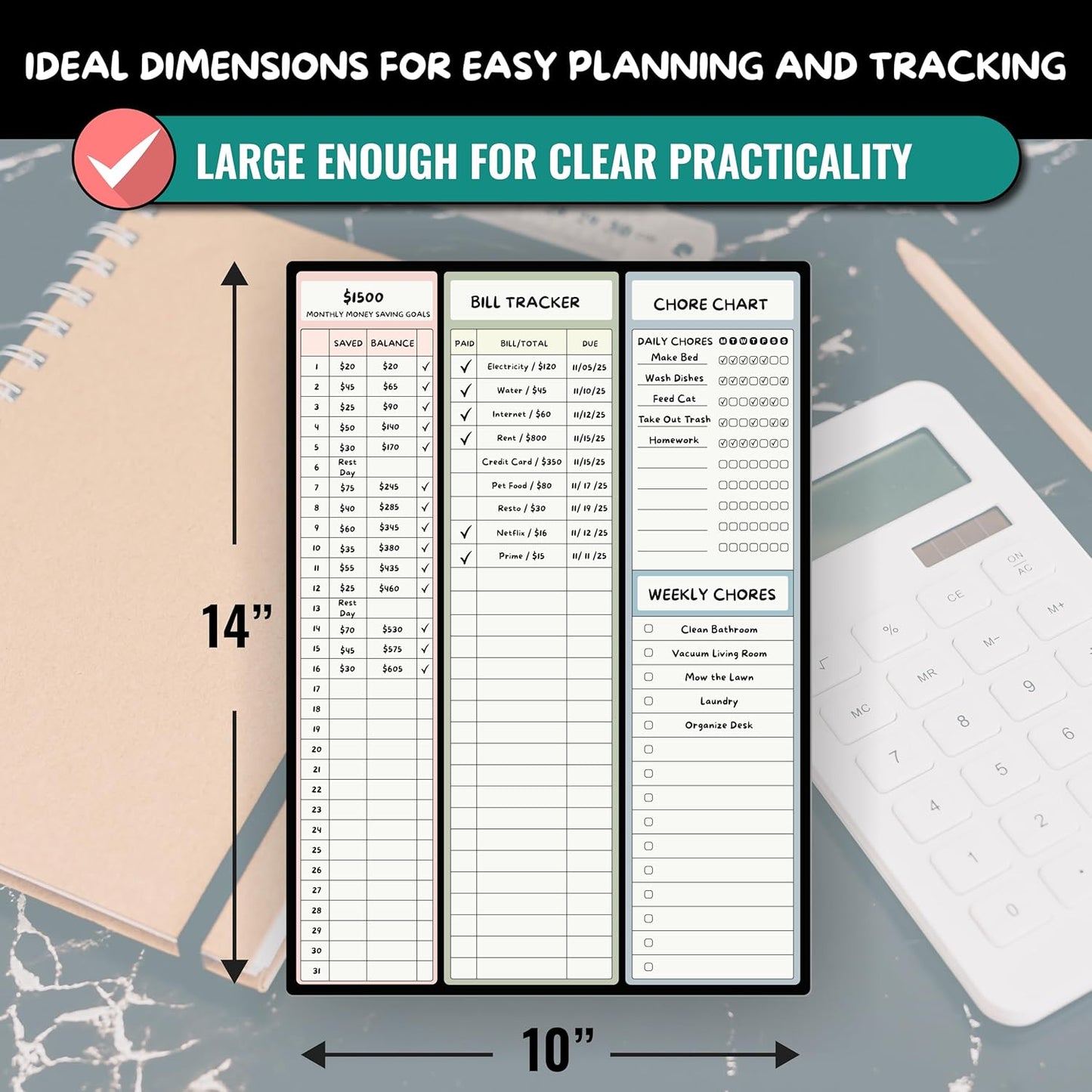 Magnetic Dry Erase Budget Planner and Bill Organizer | 10" x 14" Whiteboard Calendar for Wall or Fridge | Monthly Bill Tracker, Chore Chart, and Family Organizer | Dry Erasable Markers Included