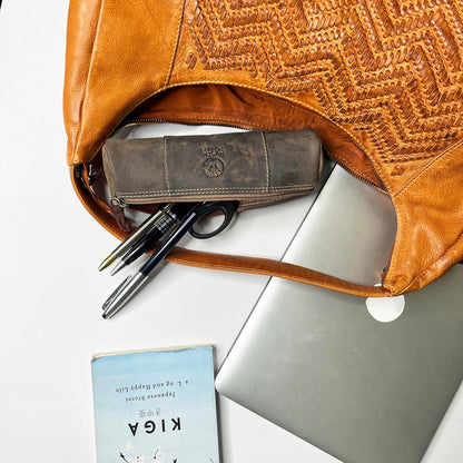 Rustic Town Leather Pencil Case - Full Grain Leather Zippered Pen Pouch - Stationery Bag Pen Holder for Work & Office