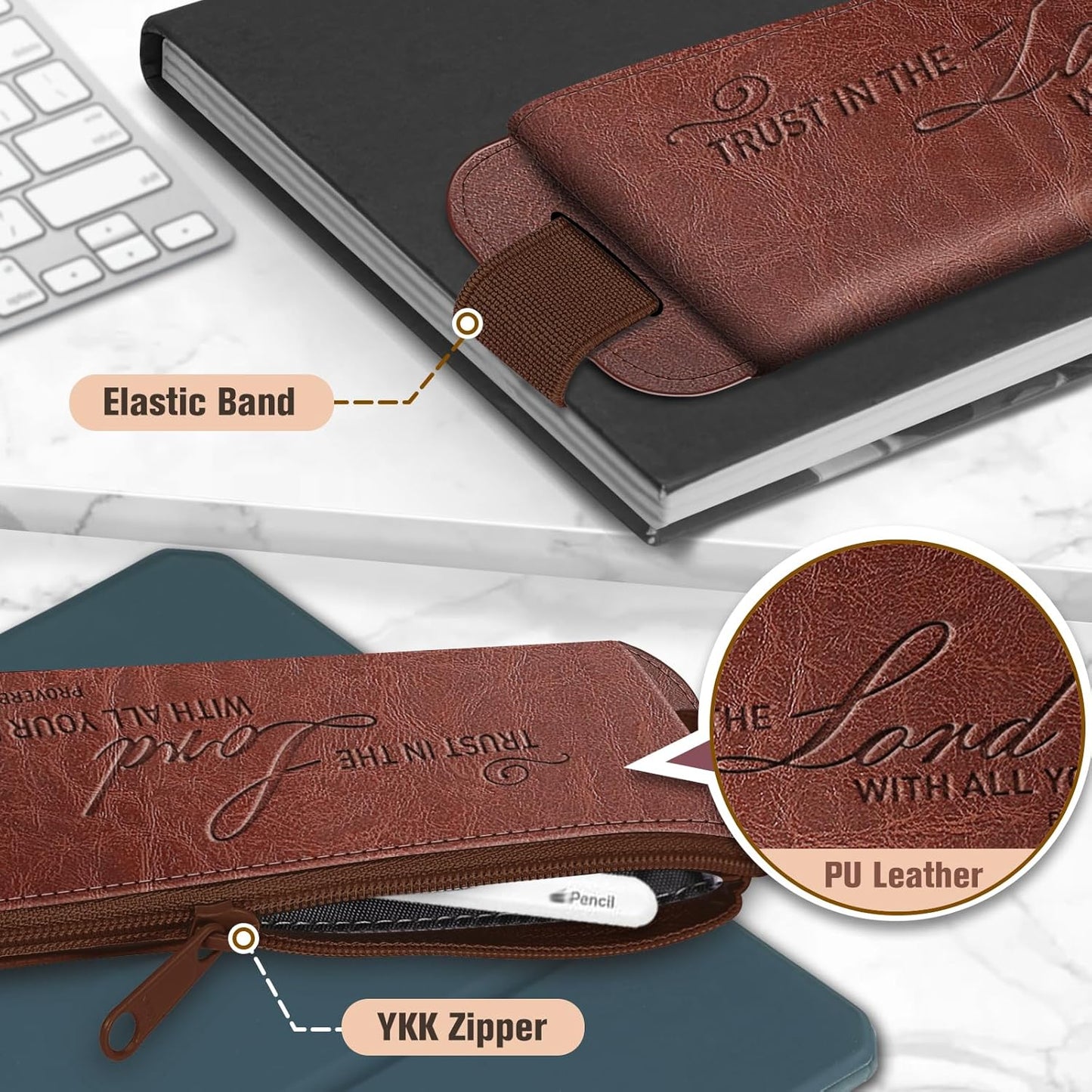 FINPAC 2-Pack Elastic Pen Holder for Notebook, Leather Pen Holder Stationery Zipper Bag for Pencils, Markers, Pen Pouch w/Elastic Band for Bible Journaling, Planners, Tablets, Brown
