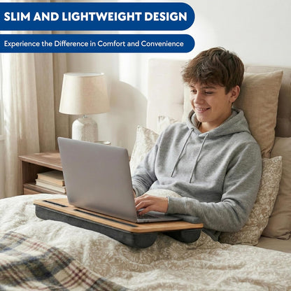 Lap Desk with Soft Cushion – Portable Laptop Desk for Bed, Couch & Home Office, Removable Mouse Pad & Anti-Slip Strip for 17 inch Laptop (Large, Wood and Black) (Black)