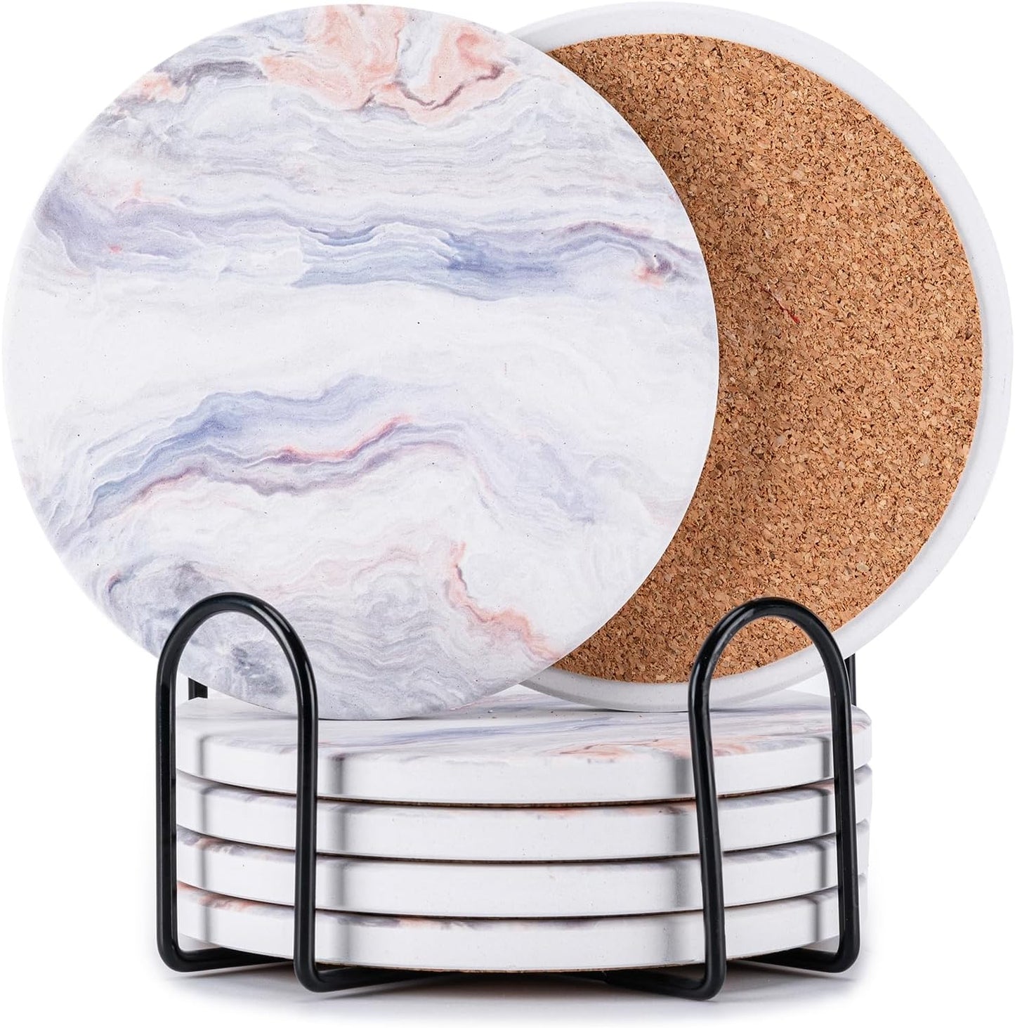 6Pcs Drink Coasters with Holder, Marble Style Ceramic Drink Coaster, Absorbent Coasters Set Suitable for Kinds of Cups, Modern Style Coaster for Coffee Table, 4 Inches