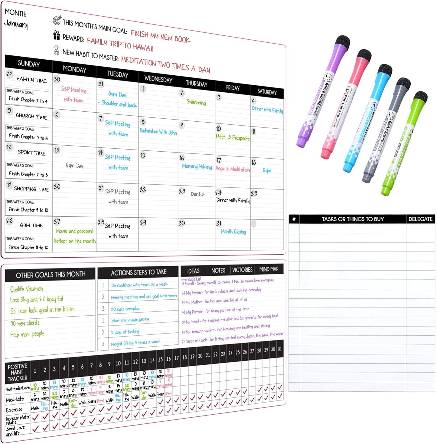 Magnetic Whiteboard for Fridge - Large Dry Erase Calendar for Wall | 2 Magnetic Dry Erase Board 10.5" x 16.5" & 7" x 16.5", Monthly Goal Setting & Habit Tracker, 5 Markers and 6 Adhesive Hooks