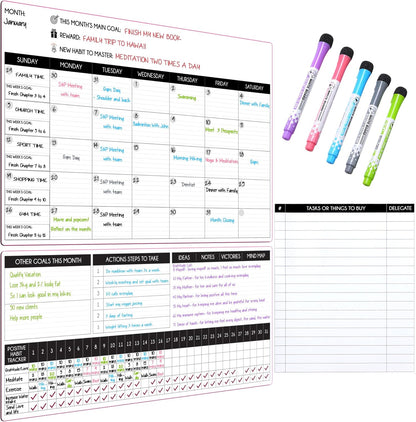 Magnetic Whiteboard for Fridge - Large Dry Erase Calendar for Wall | 2 Magnetic Dry Erase Board 10.5" x 16.5" & 7" x 16.5", Monthly Goal Setting & Habit Tracker, 5 Markers and 6 Adhesive Hooks