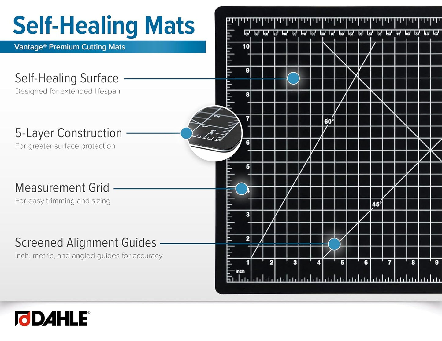 Dahle Vantage 10670 Premium Self-Healing Cutting Mat, 9"x12", 1/2" Grid, 5 Layers for Max Healing, Perfect for Crafts & Sewing, Black