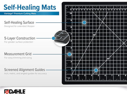 Dahle Vantage 10670 Premium Self-Healing Cutting Mat, 9"x12", 1/2" Grid, 5 Layers for Max Healing, Perfect for Crafts & Sewing, Black