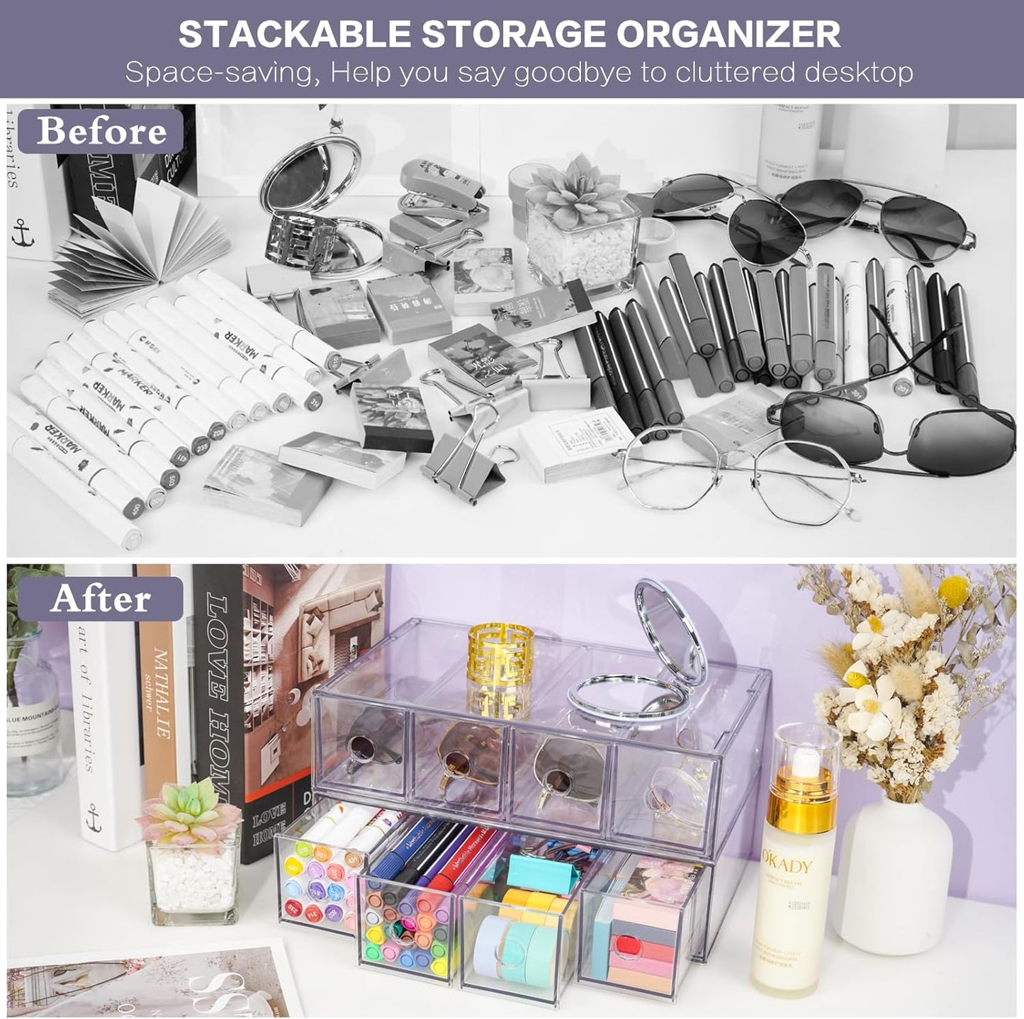 Desk Organizer with 8 Drawers, FODIENS 2 Packs Stackable Desktop Storage Box with Removable Drawer, Clear Sunglasses Organizer Display Case for Stationery Marker Pens Eyeglasses Office Supply