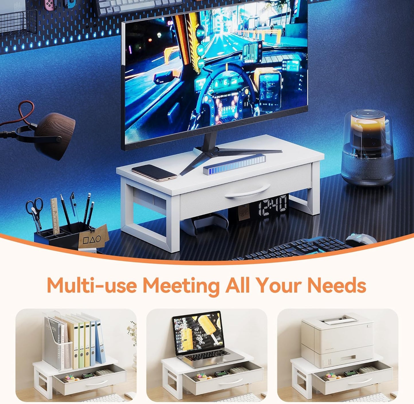 Computer Monitor Stand Riser, Desk Organizers and Accessories with Drawer, 2-Tier Laptop Stand for Desk, Office Organizer Storage, Wood
