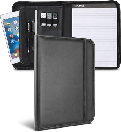Samsill Professional Padfolio, Faux Leather Junior Portfolio with Zipper, 10.1 Inch Tablet Sleeve, with 7 x 10 Inch Notepad, Black
