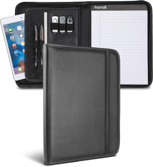 Samsill Professional Padfolio, Faux Leather Junior Portfolio with Zipper, 10.1 Inch Tablet Sleeve, with 7 x 10 Inch Notepad, Black