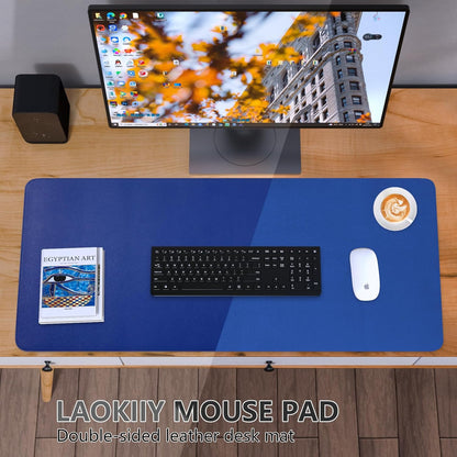 Dual-Sided Desk Pad, Large Mouse Pad - Natural Cork & PU Leather Non-Slip Waterproof Desk Mats for Office and Home (Blue, 31.5" x 15.7")
