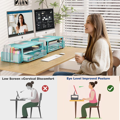 OPNICE Wood Desk Organizers and Accessories, 2-Tier Computer Monitor Stand Riser with Drawer and 2 Pen Holders, Laptop Stand, Office Desk Accessories for Office Supplies, Brown