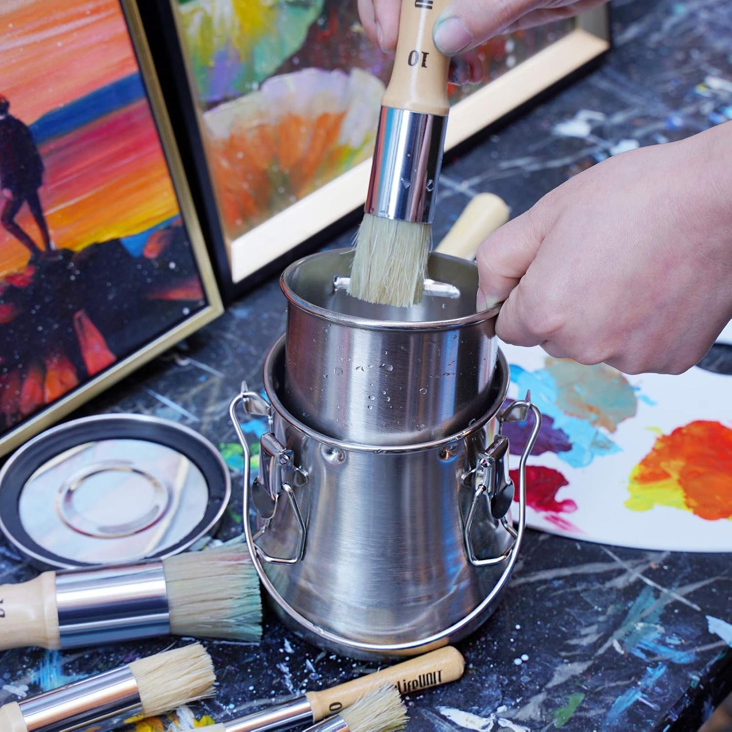 MyLifeUNIT Paint Brush Cleaner, Airtight Stainless Steel Brush Holder for Painting, 13.5oz/Medium