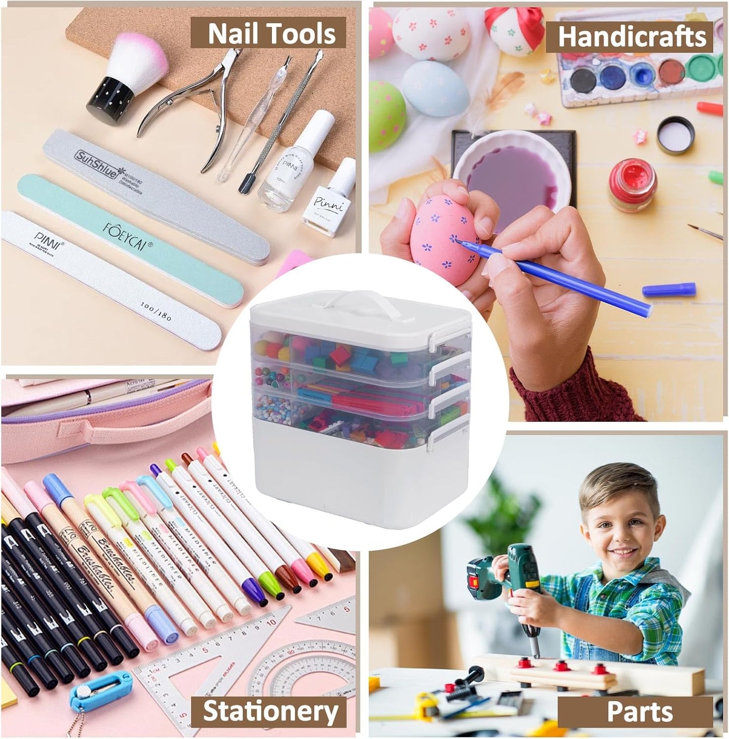 3-Layer Plastic Craft Organizers and Storage Box with Removable Trays, Storage Containers with lids and Handle, Art Supply Storage Organizer for Bead, Ornament, Nail Polish, Tape（10.62"x9"x7.67"）