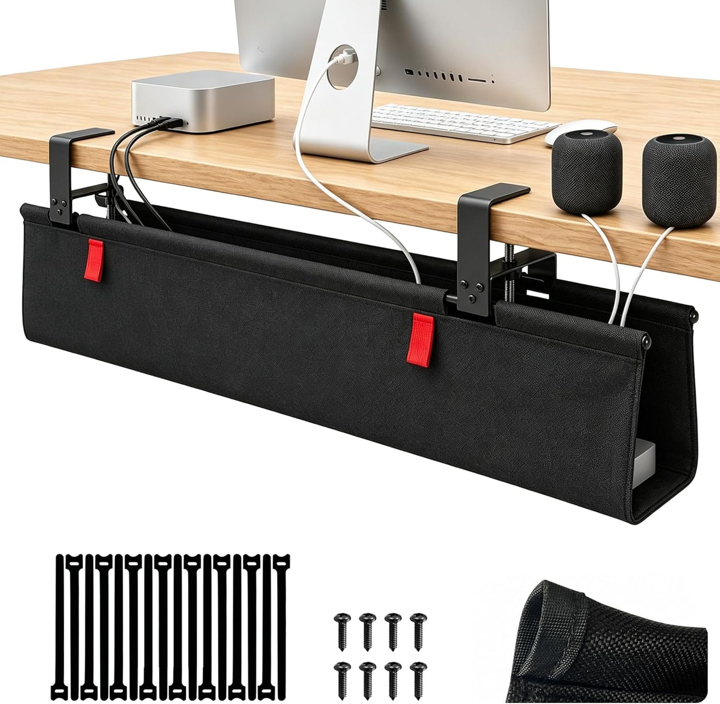 Under Desk Cable Management No Drill – 36" L x 6" W Cord Organizer, Upgraded Silicone Pads (No Scratch), 16 Cable Slots, Washable PE Honeycomb Base, Fits Desks 0–2.1" Thick, Black