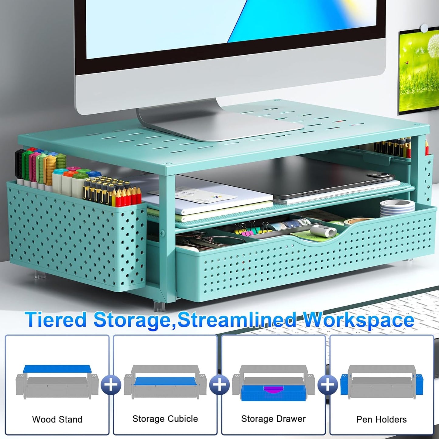 gianotter Monitor Stand Riser, Office Desk Shelf Organizer, Desk Organizer with Drawer and Pen Holder, 2-Tier Computer Stand, Office Organization (Ink)