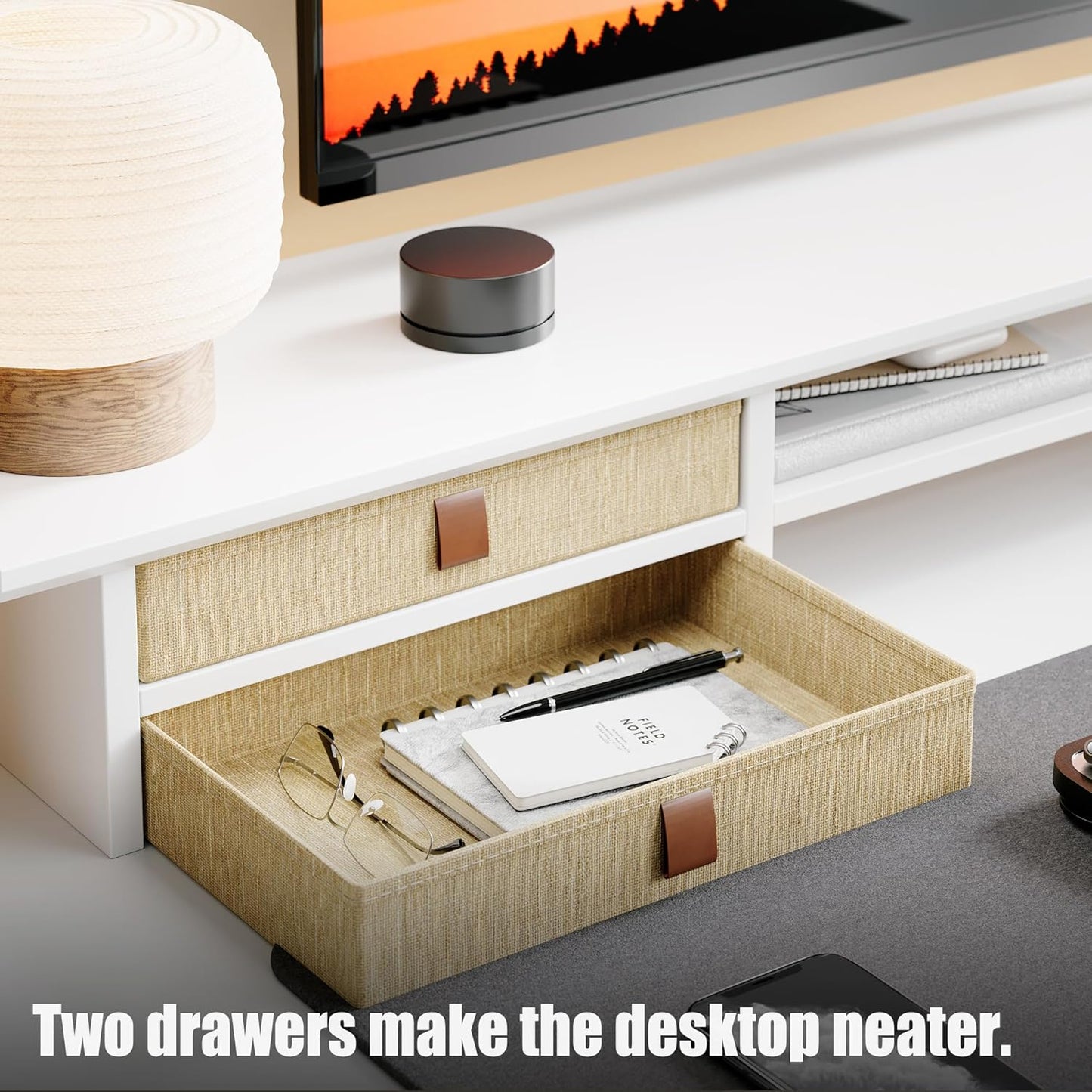 FENSULN Dual‑Tier Monitor Stand Riser with Drawers, Desktop Organizer Shelf Storage for Computer Screen 2 Monitors, Supports for PC Computer Monitor, Printer, Heavy TV Riser Brown and Black