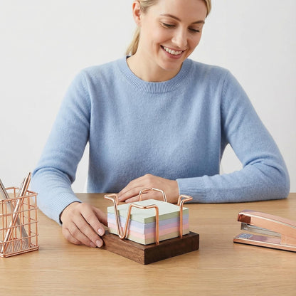 Wood Sticky Note Holder, 3 x 3 inch Self-Stick Note Memo Pad Holder for Desk, Notepad Dispenser for School Office, Gold