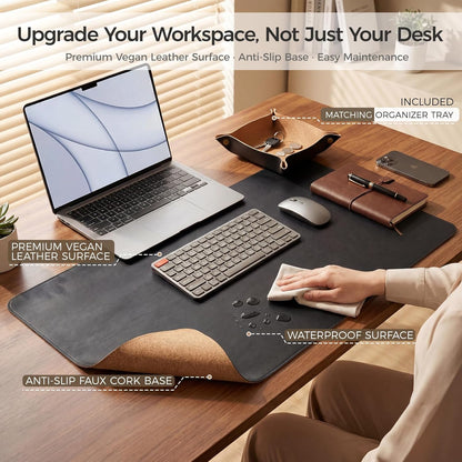 Premium Faux Leather Desk Mat & Tray Set，Innovative Cork-Look Printed Base，Gift Tube Packaging，Full-Desk Coverage，Non-Slip Desk Pad for Office Home（Olive Green）