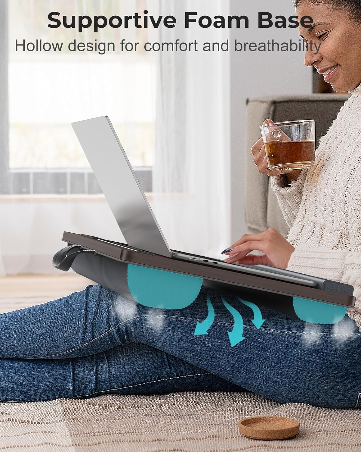Potuopy Lap Desk - Up to 17” Laptop Tray with Wrist Rest, Portable Handle, Fixed Mouse Pad, Tablet & Phone Slots, Laptop Lap Desk with Cushion (Dark Brown)