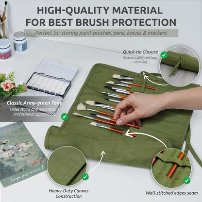 DUGATO 30-Slot Roll-Up Paint Brush Holder, Premium Canvas Brush Organizer for Artists, Washable Travel Brush Case for Watercolor, Acrylic, Pens & Art Supplies (Army Green) - Brushes not Included