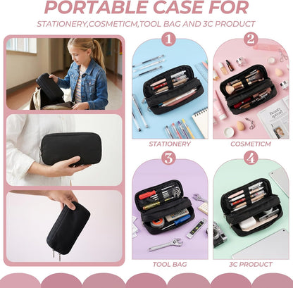 Della Gao Large Pencil Case, Big Capacity Pencil Pouch with 2 Compartments, Office Pencil Bag with Zipper, Big Pen Case for Adults (01-Black)