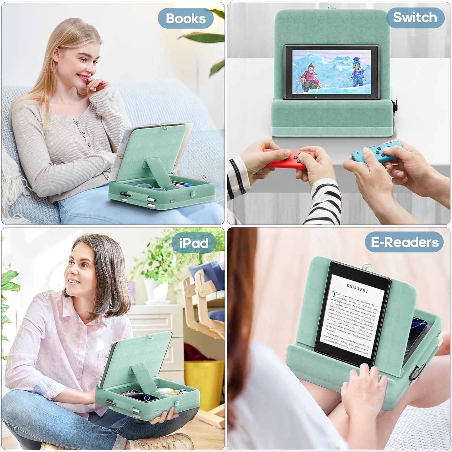 KDD Tablet Pillow Stand with Storage, Foldable iPad Holder for Bed, Lap and Desk, Angle Adjustable Soft Pad Dock with Stylus Mount Compatible with Ipad Pro 12.9, 10.5, 11, Air, Mini, Phones, Books