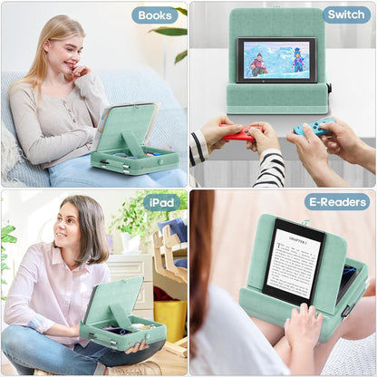 KDD Tablet Pillow Stand with Storage, Foldable iPad Holder for Bed, Lap and Desk, Angle Adjustable Soft Pad Dock with Stylus Mount Compatible with Ipad Pro 12.9, 10.5, 11, Air, Mini, Phones, Books