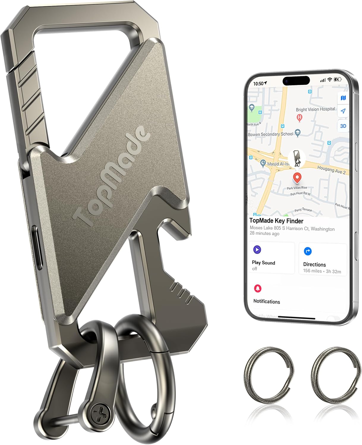 Keychain, Works with Apple Find My, Heavy Duty Key Chains Carabiner Bottle Opener, Car Key Finder with GPS Tracker, Rechargeable Bluetooth Key FinderTracker for Luggage, Bags, Backpack etc, Black