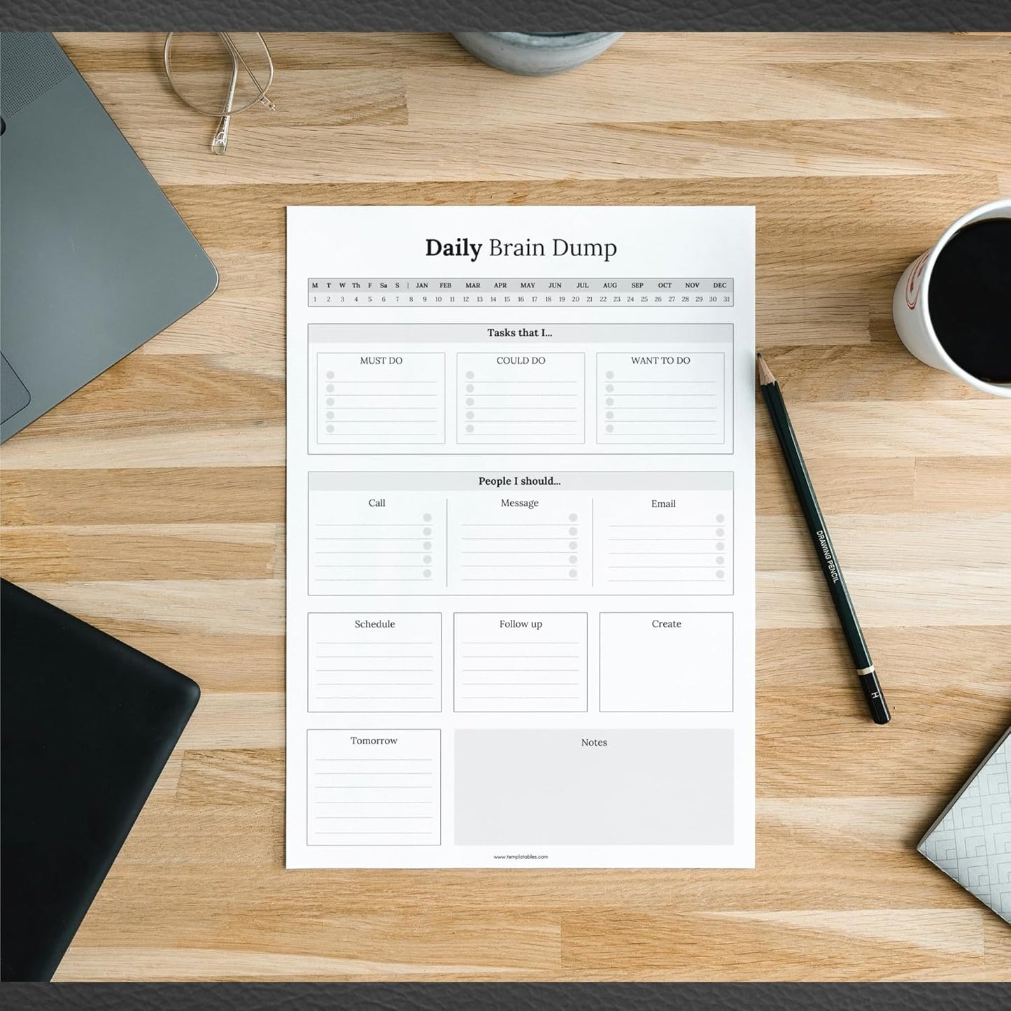 Templatables Brain Dump Notepad, To Do List Desk Pad, Productivity Planner, ADHD Daily Planner | 50 Undated Tear Away Sheets A4 (Colorful)