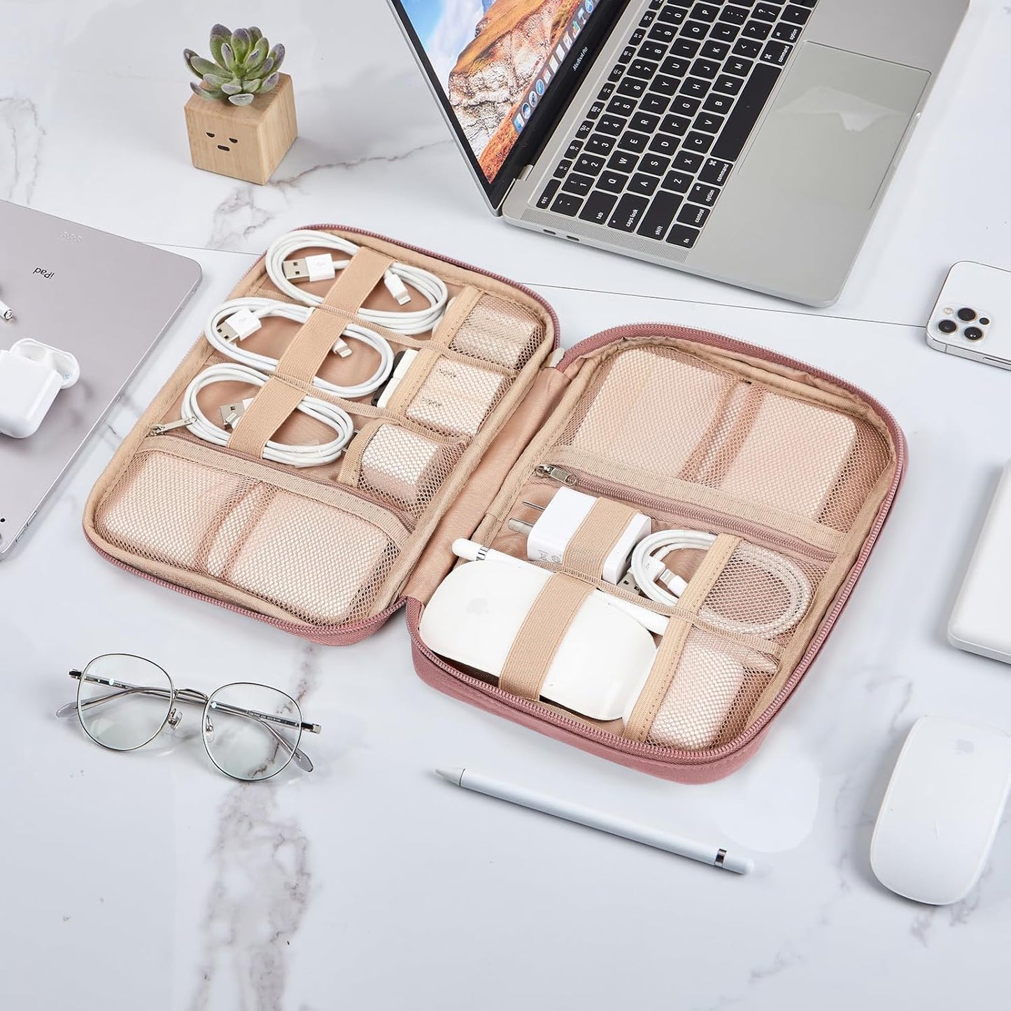 NISHEL Travel Cord Organizer Case, Tech Electronic Bag, Essentials for Charger, Cable, Phone, Hard Drive, USB, SD Card, Pink