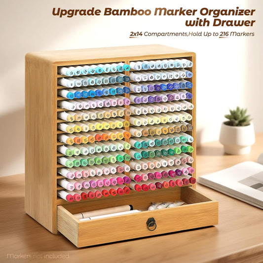 Marker Organizer for 216 Markers, Wooden Marker Storage Organizer with 24 Slots, Bamboo Marker Holder with Drawer for Art Supplies and Pens,Classroom Office Decor