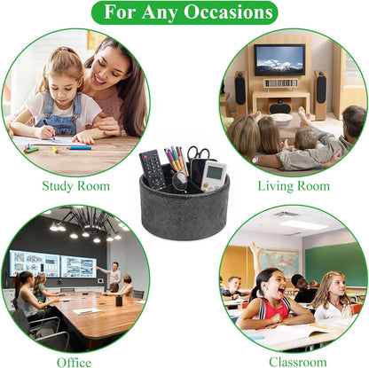 Round Leather Art Supply Organizer,Remote Control Holder,360 Degree Rotating,Multi-Functional Pencil Holder,4 Compartments Desktop Stationary Organizer(1-Fractal Flower) | Round - Colors C