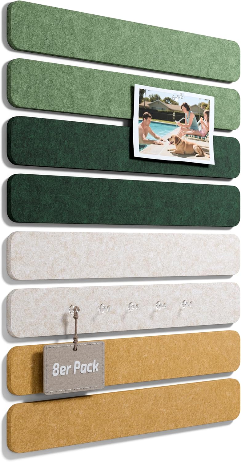 Fluxynara Cork Board Alternative Felt Strip Board 8-Pack 13"x2", Office Pin Board with 50 Push Pins, Adhesive Install for Bedroom Door & Home Office(Linen Dusk)