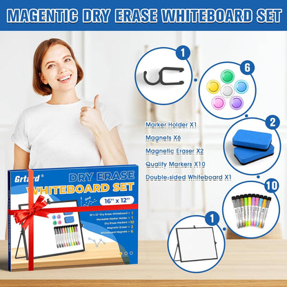 Grtard Dry Erase Magnetic White Board, 16''x12'' Double-Sided Desktop Whiteboard with Stand, Portable Small Whiteboard Set, Dry Erase Board for to-Do Lists, Planning & Office, Home