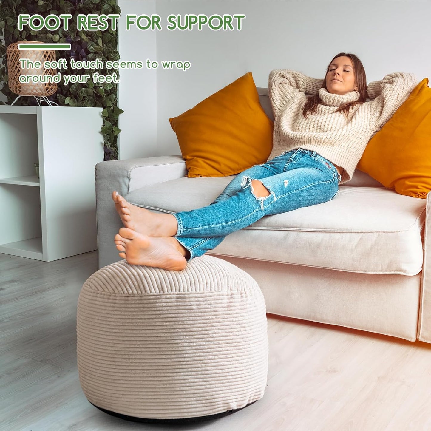 HIGOGOGO Round Stuffed Pouf Ottoman, Corduroy Poufs with Foam Chunk Filling, Furry and Fluffy Pouf Foot Stool Storage Ottoman, 20 X 15 Floor Poufs Foot Rest for Living Room, Dark Grey