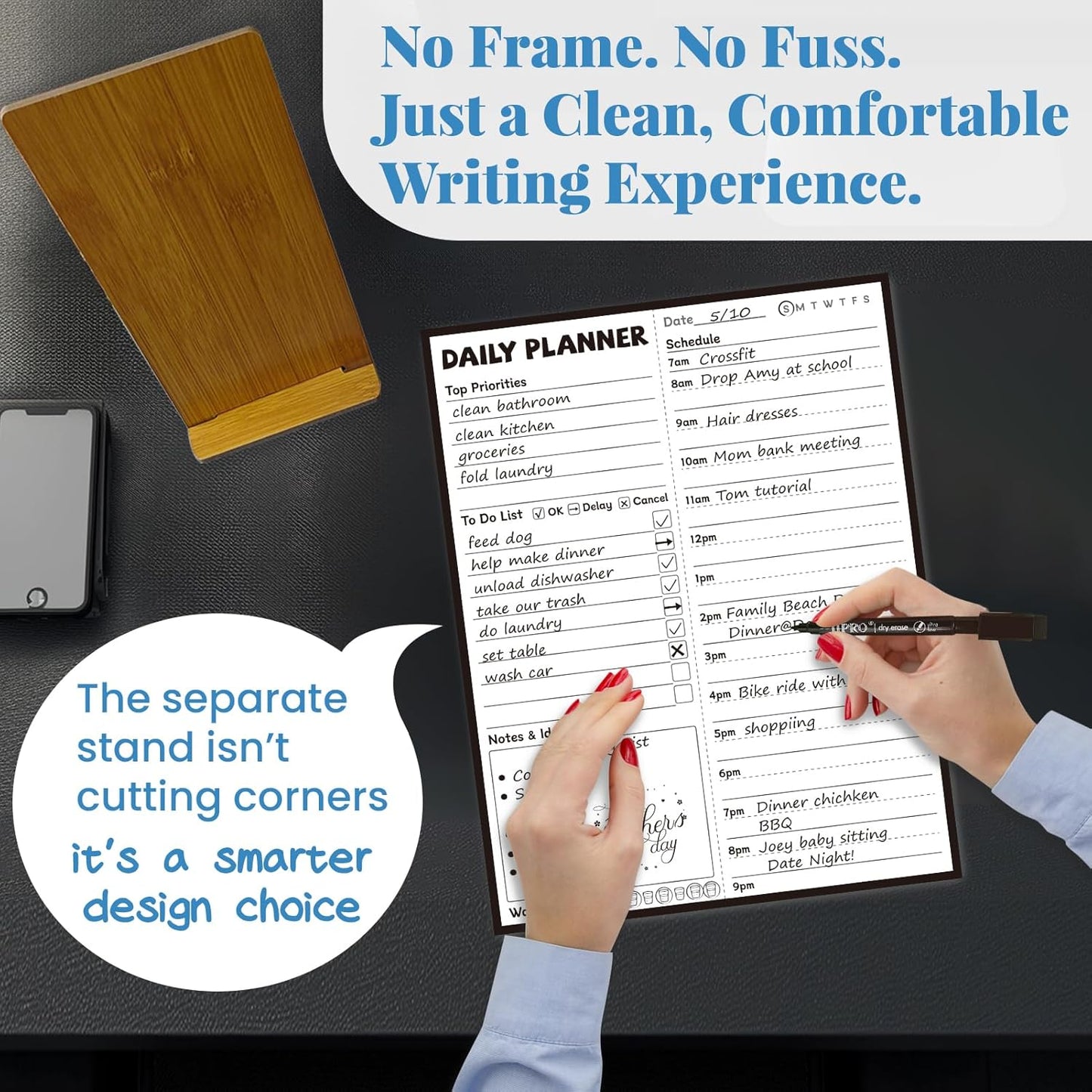 JJPRO Reusable Desktop Daily Planner with Stand,Reusable Time Schedule Board,11"x8.5" Hourly Schedule Dry Erase Board with Time Slots,Desk Hourly Dry Erase Board with Engineered Wood Stand for Office