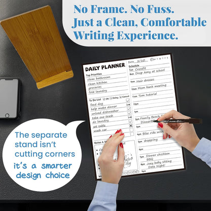 JJPRO Reusable Desktop Daily Planner with Stand,Reusable Time Schedule Board,11"x8.5" Hourly Schedule Dry Erase Board with Time Slots,Desk Hourly Dry Erase Board with Engineered Wood Stand for Office