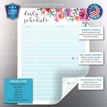 Dry Erase Daily Schedule Planner Sticker Decal by Glassboard Studio | Removable & Reusable | Magnetic Fine-Tip Marker Included (9 x 12 inches, White)