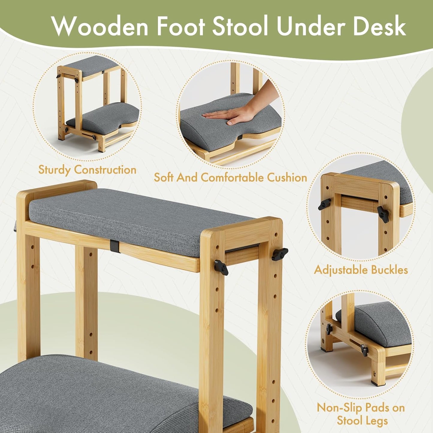 Double Step Foot Rest Under Desk, Adjustable Wooden Desk Foot Rest with 4 Heights, Ergonomic Foot Stool with Cushion for Office, Gaming & Study (Natural Color)