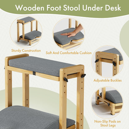 Double Step Foot Rest Under Desk, Adjustable Wooden Desk Foot Rest with 4 Heights, Ergonomic Foot Stool with Cushion for Office, Gaming & Study (Natural Color)