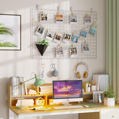 C&AHOME Photo Wall Display Set of 2, Grid Panel with Hooks, Clips, Hemp Cord, Hammer - 15.7" x 11.8", White UWWGM3402W