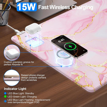 Wireless Charging Mouse Pad with Foldable Phone Holder, 31.5"x15.8" Large Desk Mat for Laptop/Keyboard, Waterproof Ultra-Smooth Surface, Non-Slip Base, Black
