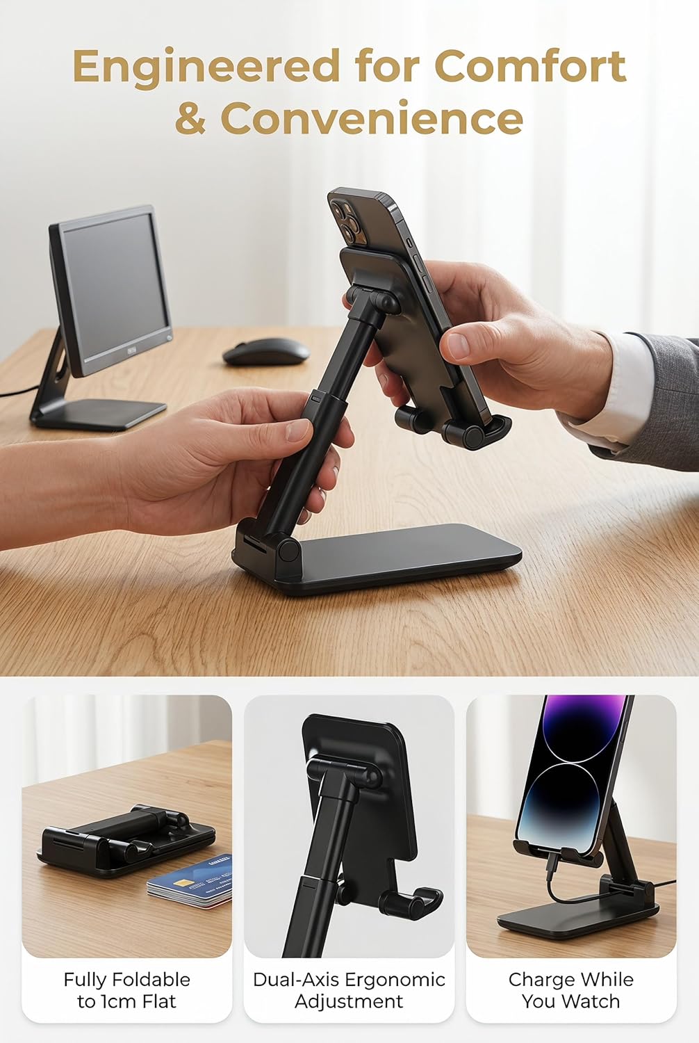 Phone Stand, PhoneHolder for Desk Anti-Slip Cute OfficeAccessories Forldable Cell PhoneHolder Compatible with iPhones, AllMobile Phones, White-Silver, Pro