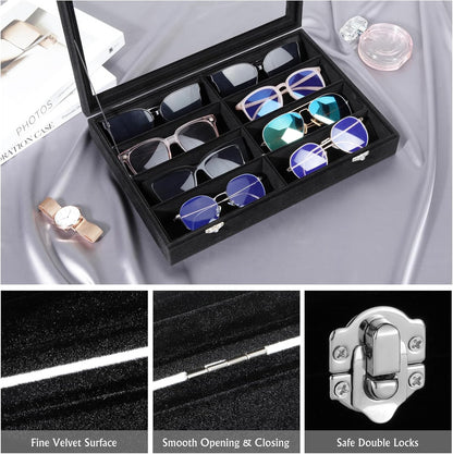 Emibele Glasses Organizer Jewelry Tray, 8 Grids with Clear Lid Velvet Tray Watch Storage Stackable Jewelry Showcase Display Storage with Detachable Inner Dividers, Beige