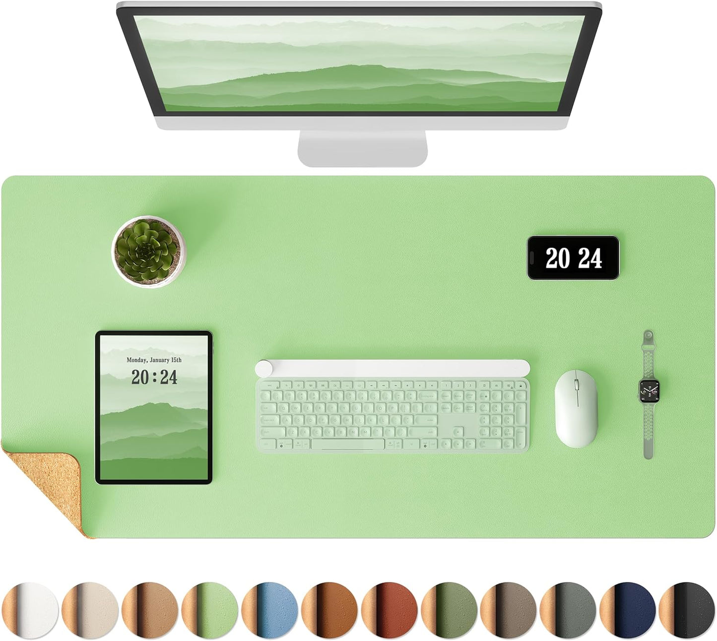 Aothia Dual-Sided Desk Pad - 25.6x13.7 inches Leather Desk Mat, Natural Cork Desk Pad Protector, Large Mouse Pad for Desk, Waterproof Desk Blotter Pad, Desk Writing Pad for Office Work/Home, Black