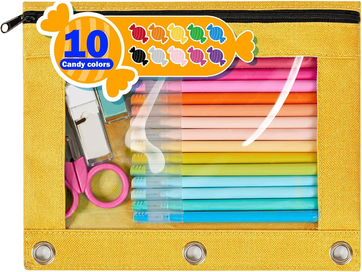Forvencer Pencil Pouch for 3 Ring Binder, Large Pencil Case Pouch with 3 Reinforced Grommets, Pen Bag, Clear Window Pencil Case, Binder Accessories, Black