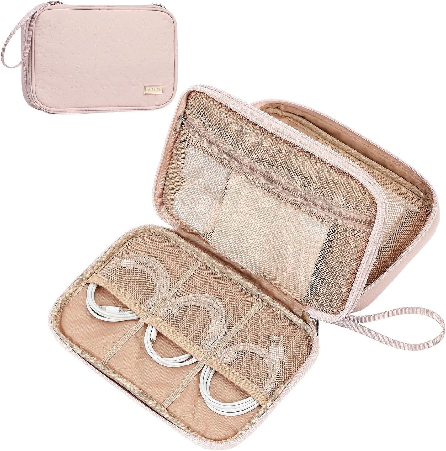 NISHEL Travel Cord Organizer Case, Double Layers Tech Electronic Bag, Essentials for Charger, Cable, Phone, Flash drive, Medium, Pink